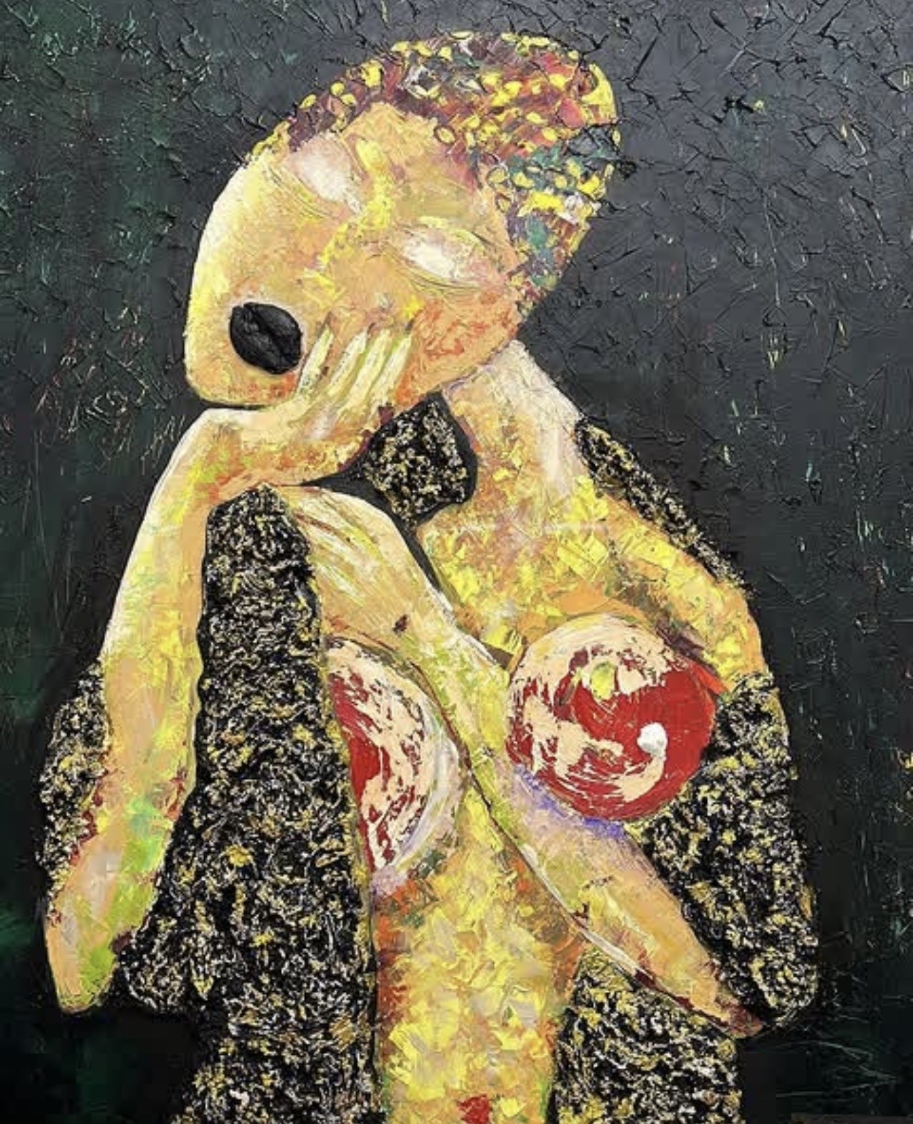 A golden figure on a textured dark background by Nubar Azimova