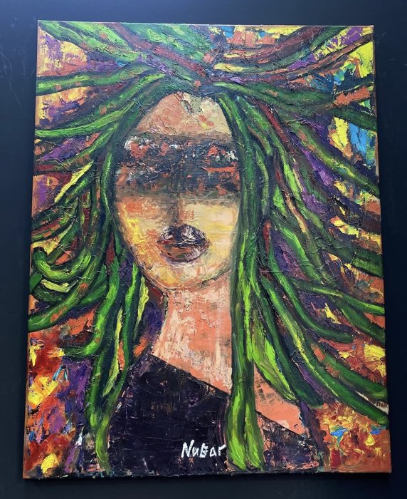 Portrait with flowing green hair
