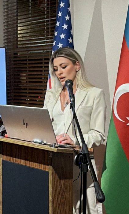 Nubar Azimova speaking at the Washington, D.C. exhibition