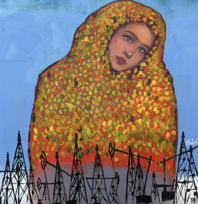 A woman and the oil towers